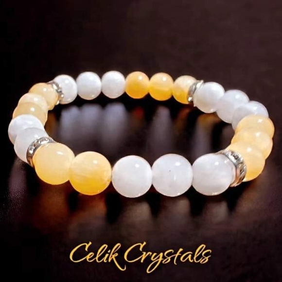 Moonstone Honey Calcite Bracelet Natural Stones 8mm Unisex Stretch Crystals - Picture 5 of 5